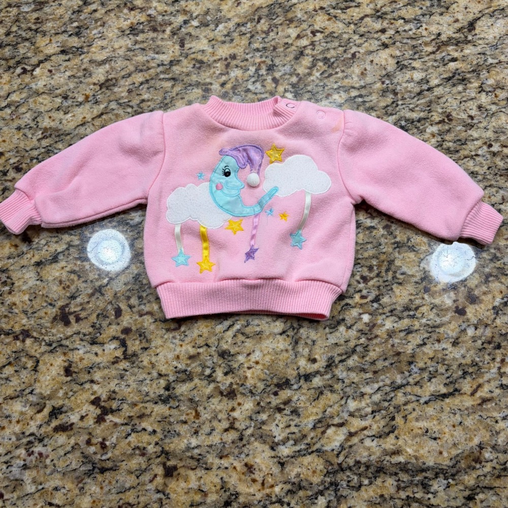 Vintage Images Baby Pink Sweatshirt Moon Stars Clouds Fleece 3-6M